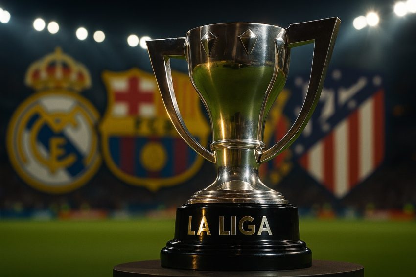 image of the La Liga trophy under dramatic stadium lights