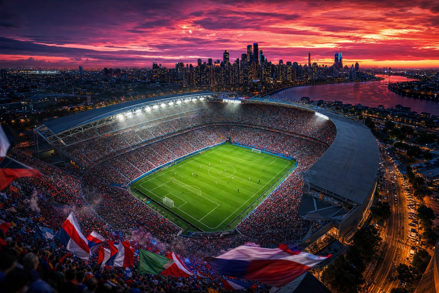 Estadio del Mundial 2026 lleno al anochecer con un cielo rosado sobre el skyline de la ciudad anfitriona