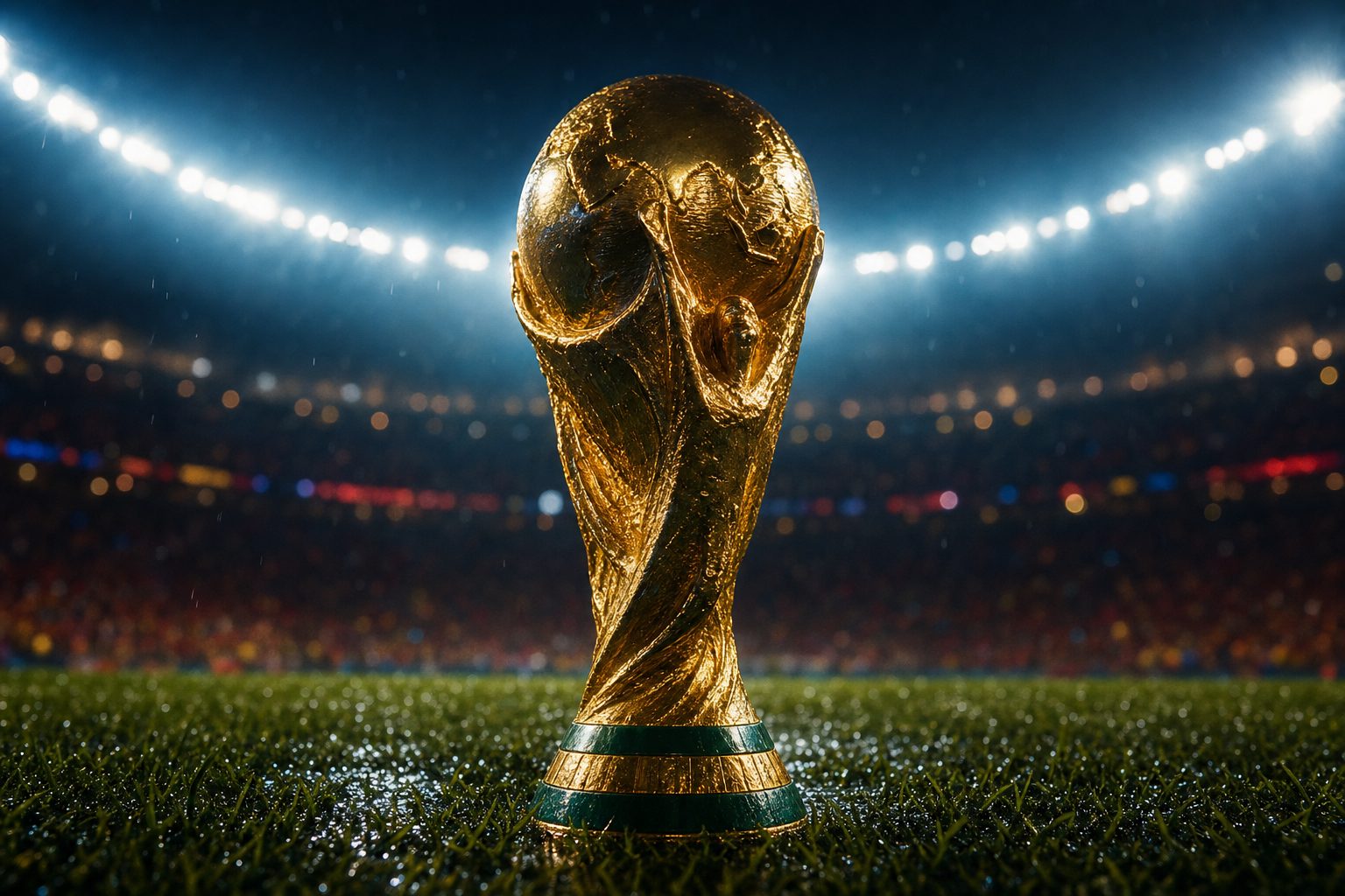 Trofeo del Mundial sobre el césped iluminado bajo los focos del estadio