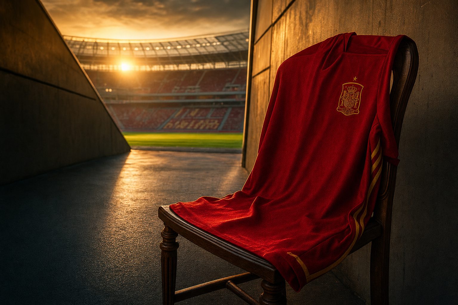 Camiseta roja de España colgada en una silla en el túnel de un estadio al atardecer