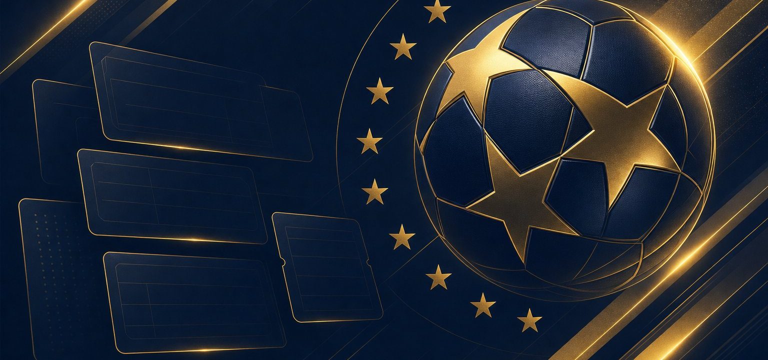 Ilustración editorial en azul marino y dorado: balón con estrellas doradas y tarjetas de cuotas, previa de la Champions League