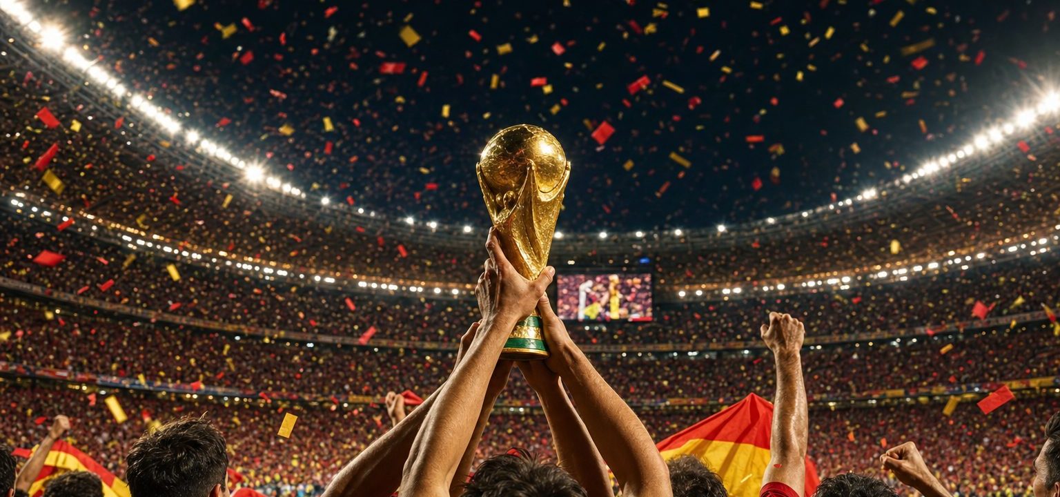 Jugadores de España levantan el trofeo de la Copa del Mundo entre confeti rojo y dorado en el MetLife Stadium