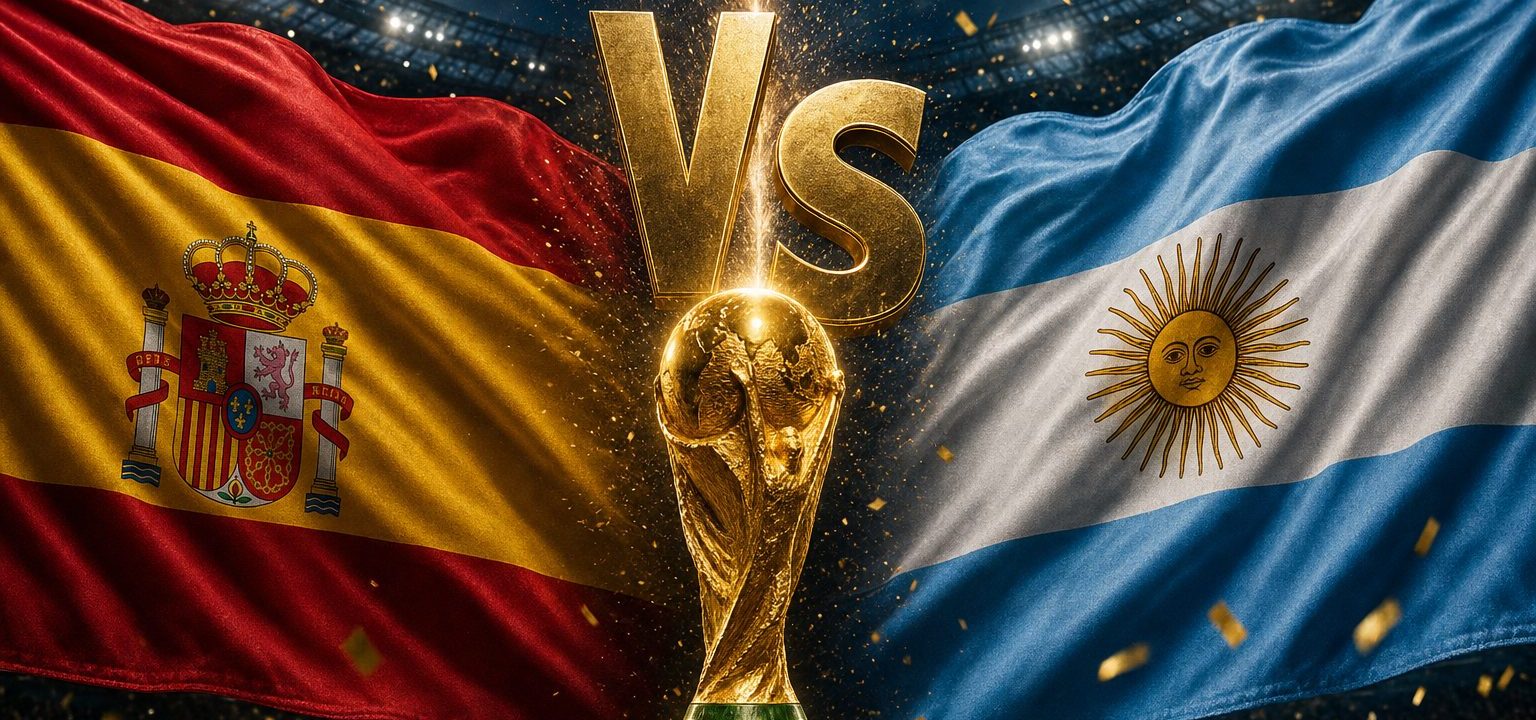 España contra Argentina: la final del Mundial 2026 con el trofeo de la Copa del Mundo en el centro