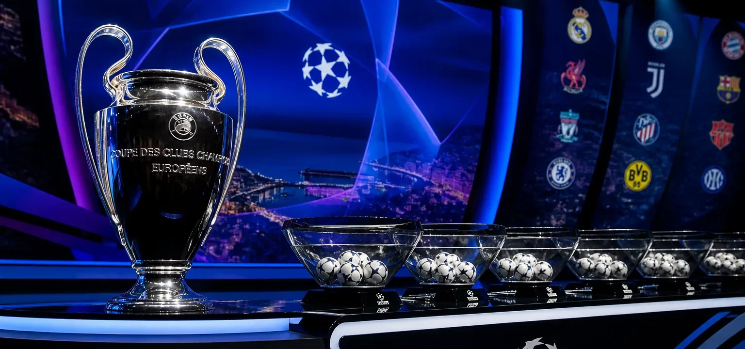 Trofeo y bombos del sorteo de la fase liga de la Champions League 2026-27