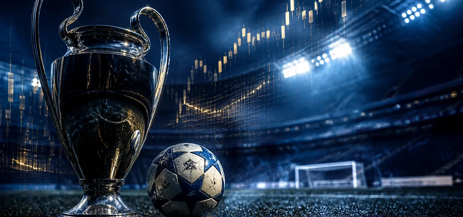Trofeo de la Champions y un balón sobre el césped de un estadio vacío