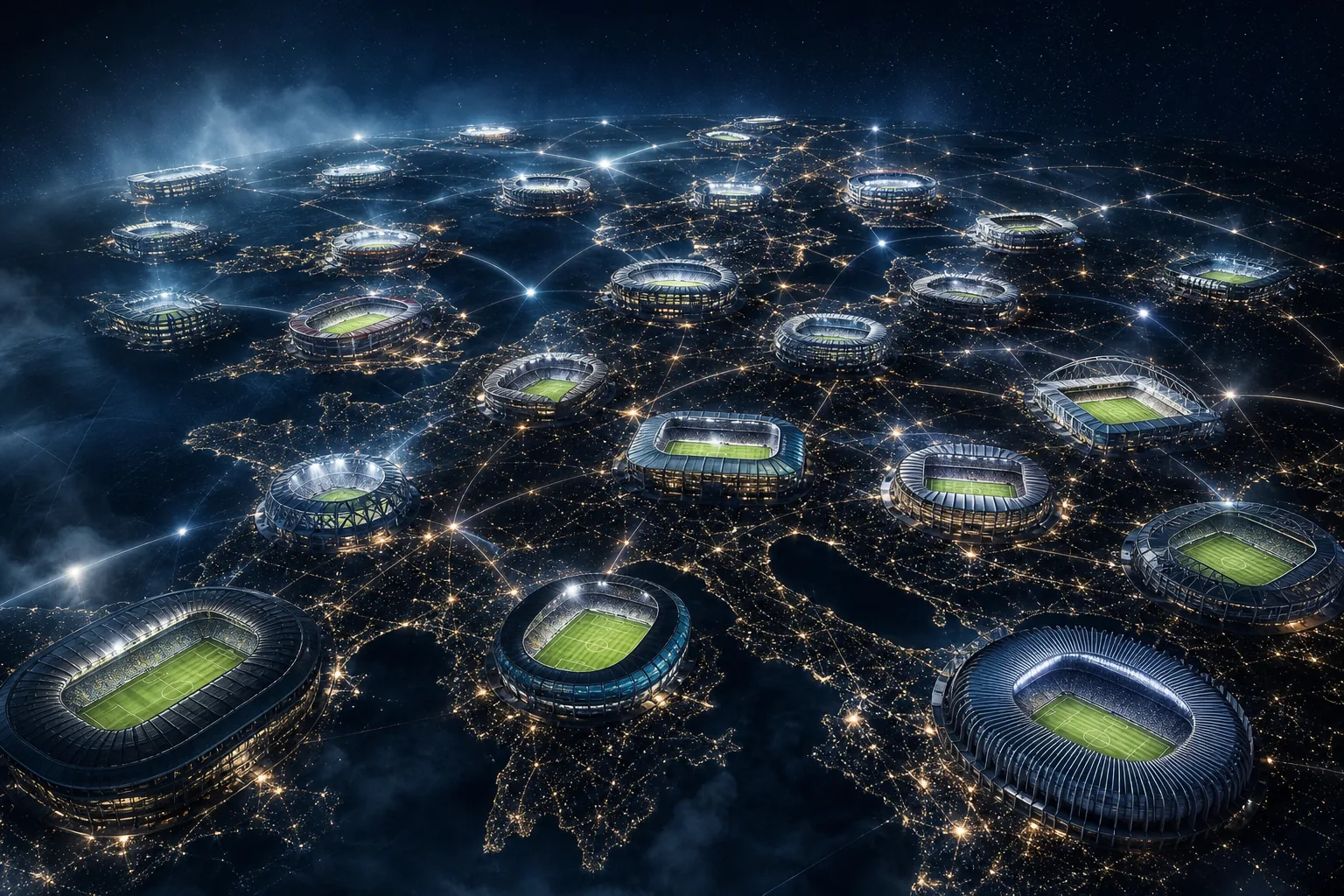 Estadios europeos iluminados de noche conectados por líneas de luz