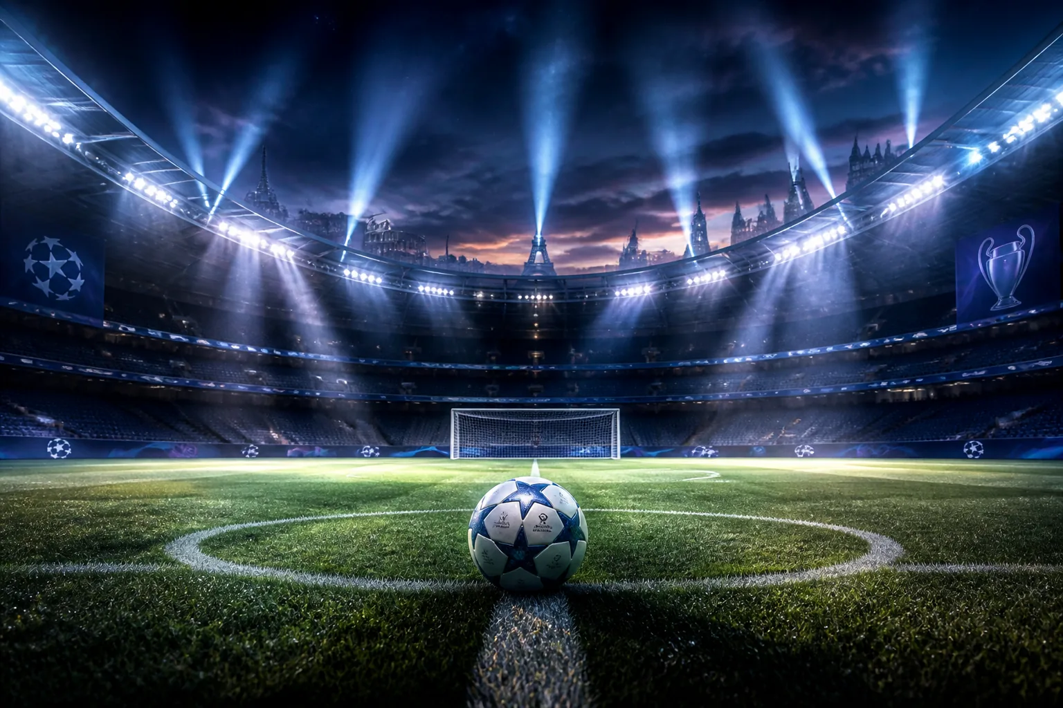 Estadio europeo iluminado y vacío con el balón en el centro del campo