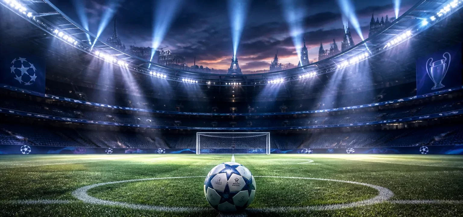Estadio europeo iluminado y vacío con el balón en el centro del campo