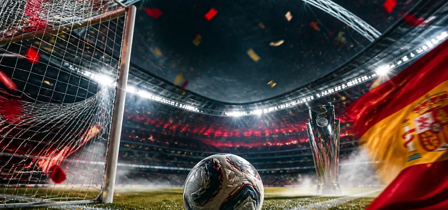 Balón en el punto de penalti bajo el arco de Wembley con confeti rojo y amarillo y una bandera de España