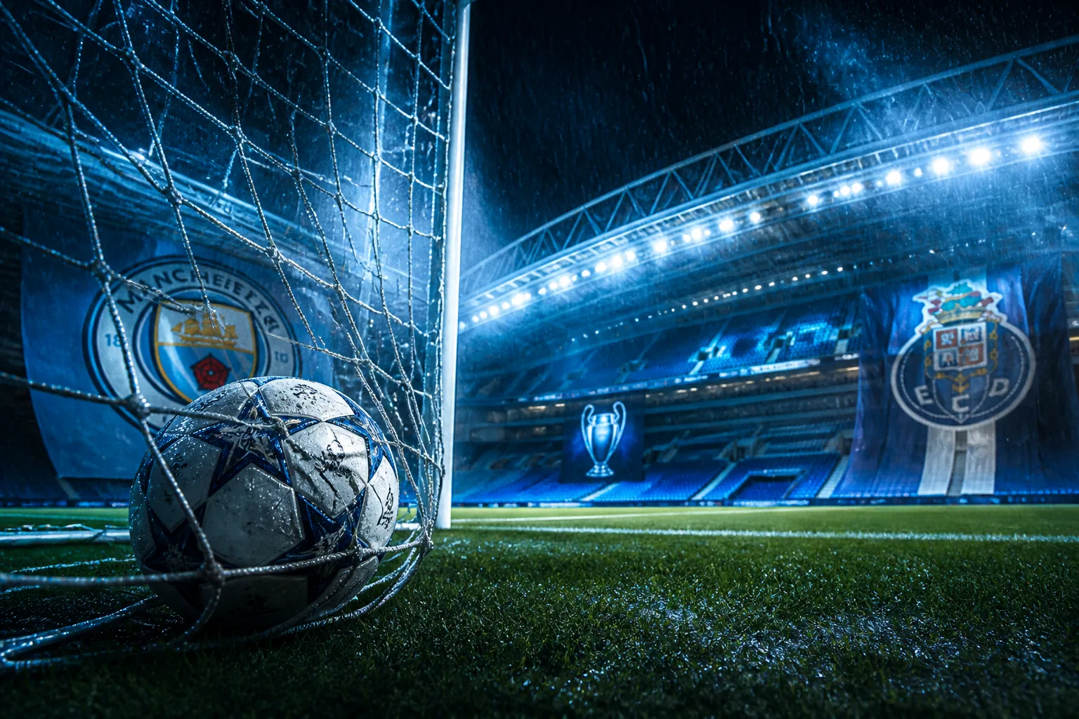 Balón en el fondo de la red bajo los focos del Estádio do Dragão