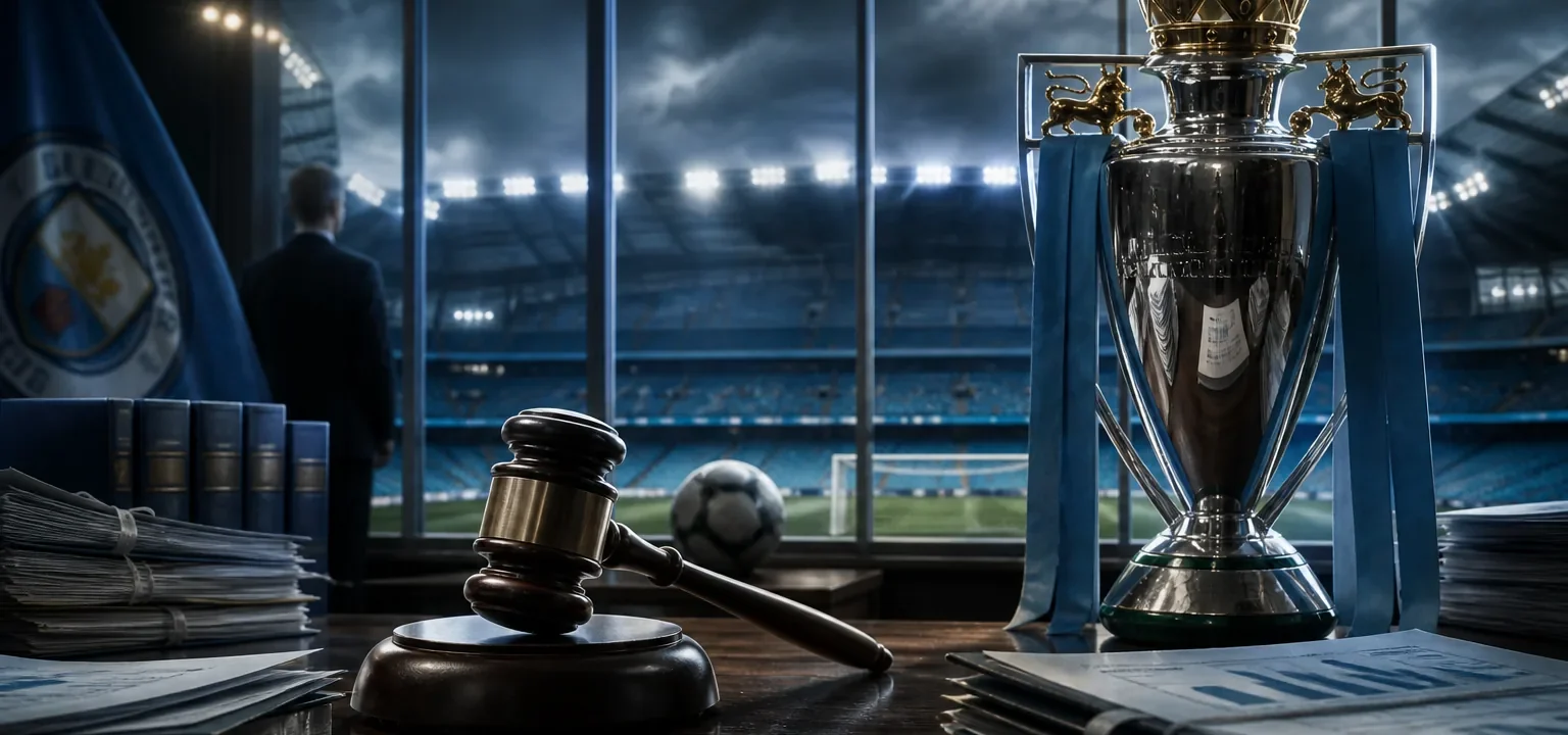 Trofeo de la Premier League junto a un mazo de juez y archivos financieros, con un estadio iluminado de fondo