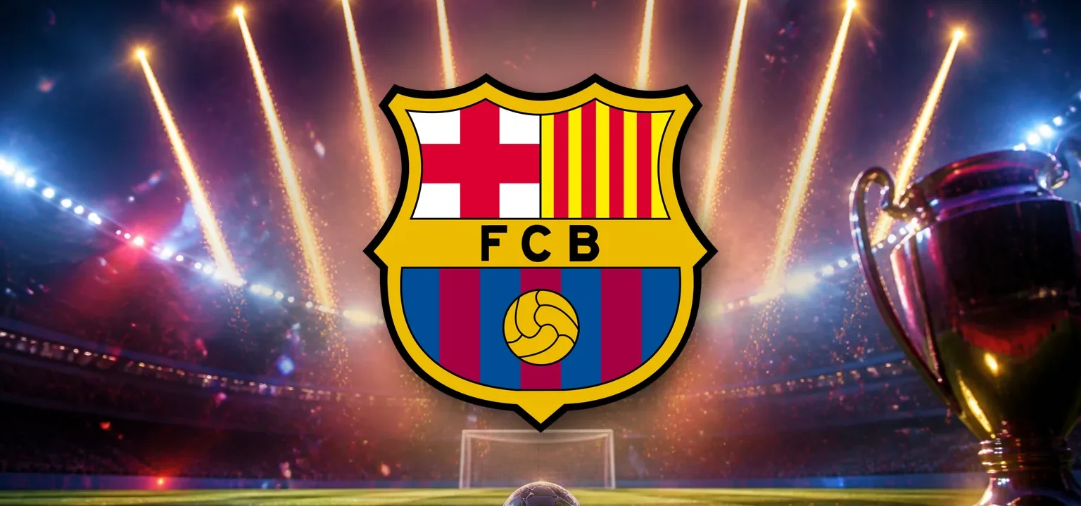 Escudo del FC Barcelona sobre un estadio iluminado con haces dorados