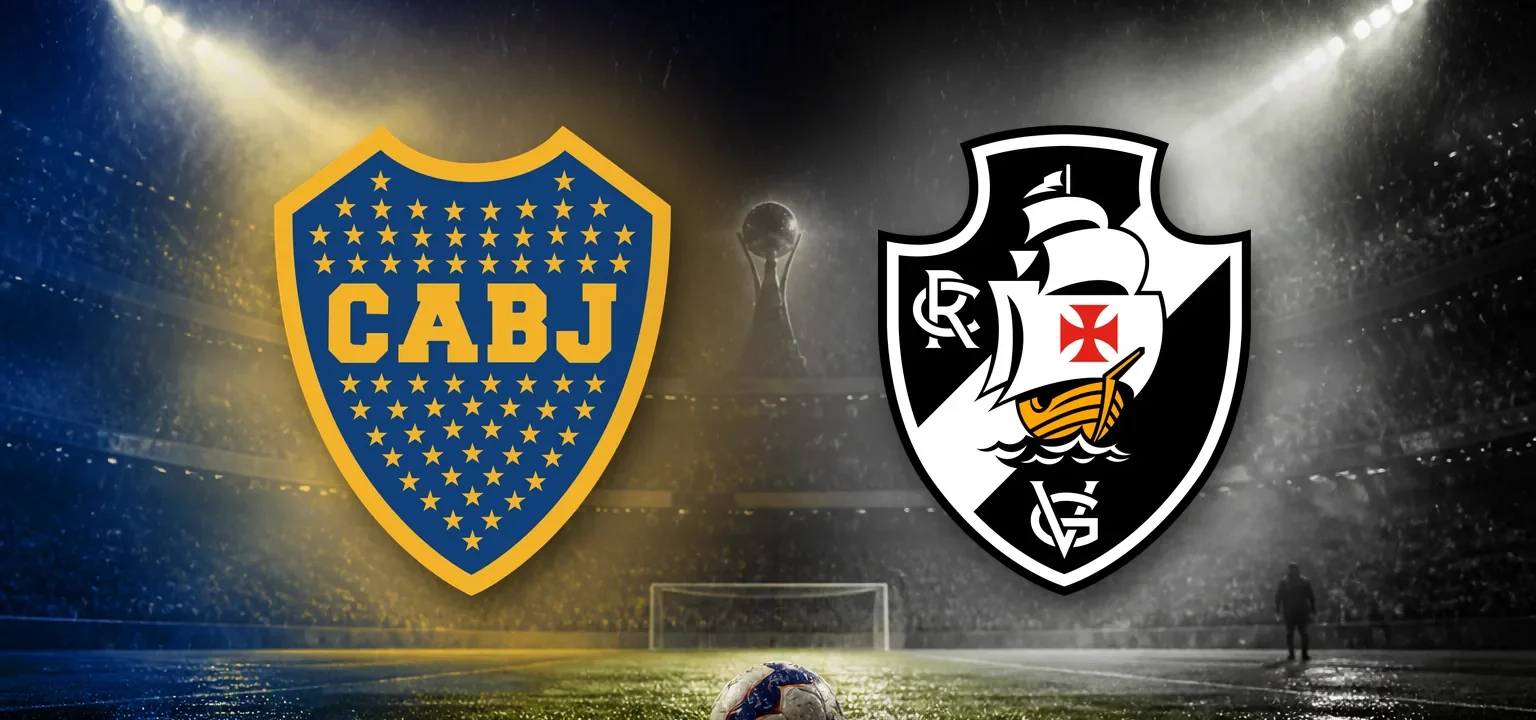 Escudos de Boca Juniors y Vasco da Gama en un estadio iluminado de noche