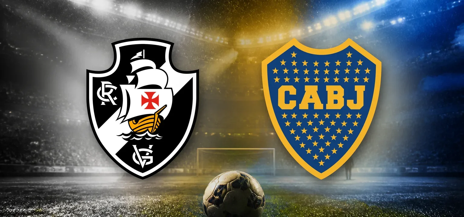 Escudos de Vasco da Gama y Boca Juniors sobre un estadio iluminado de noche