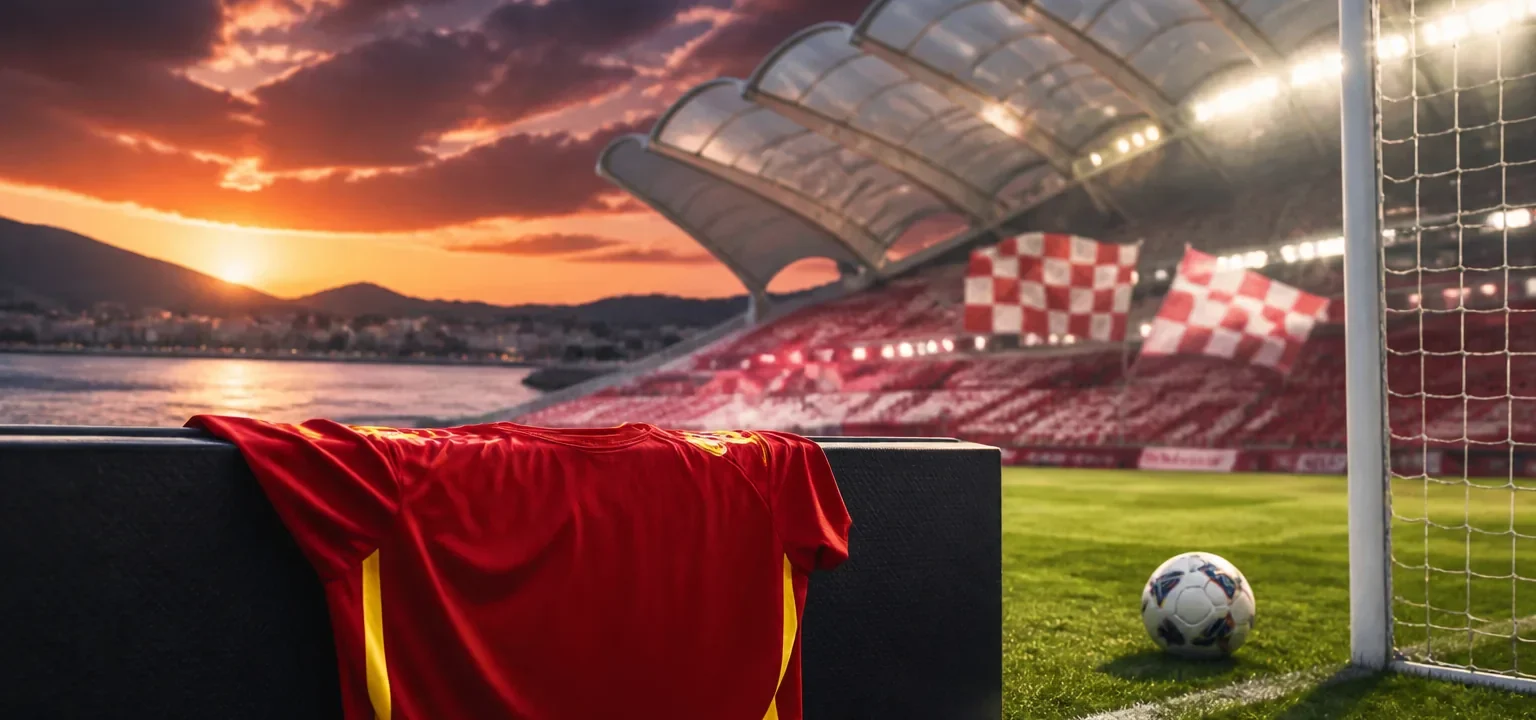 Camiseta roja de España junto al césped de un estadio costero al atardecer