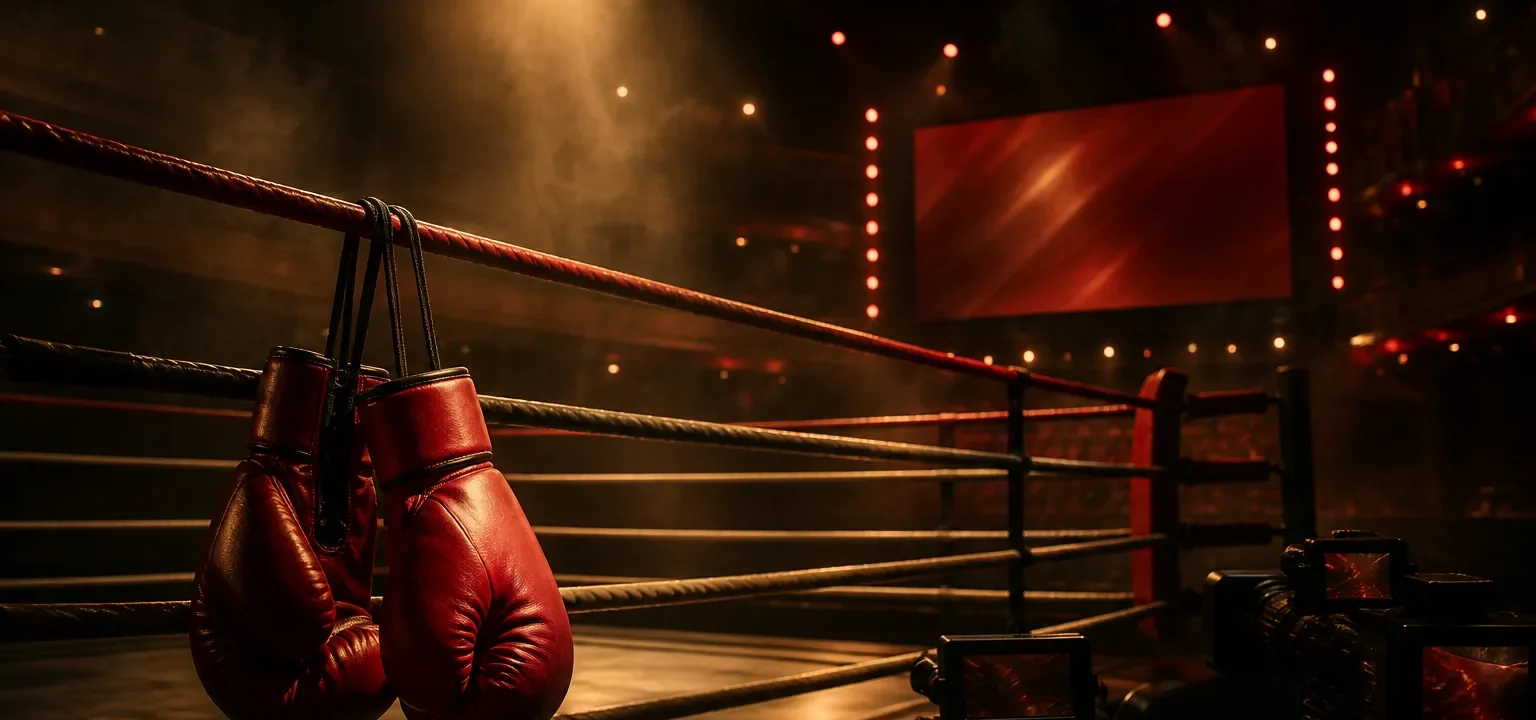 Guantes de boxeo rojos colgados de las cuerdas de un ring vacío con cámaras de televisión