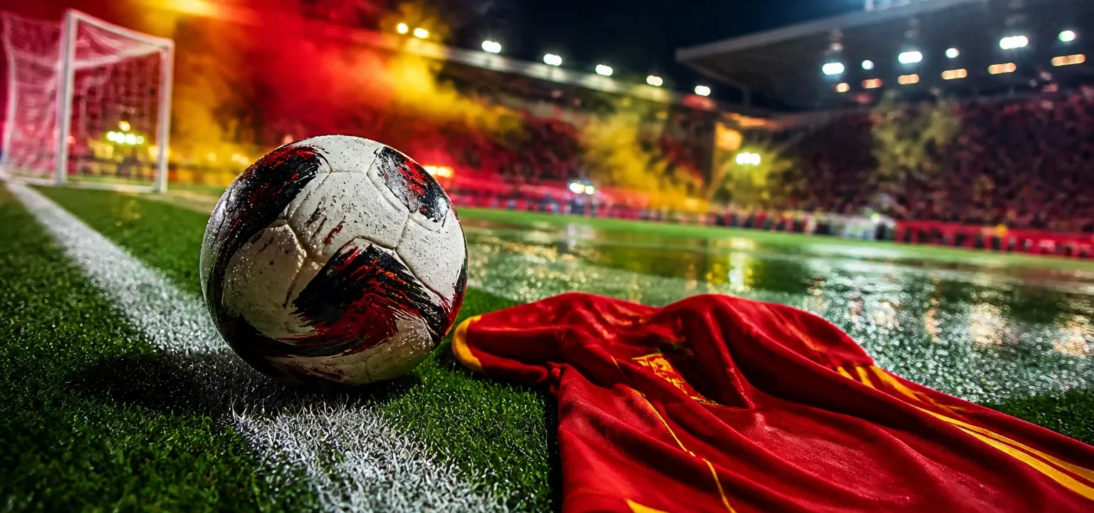 Balón y camiseta roja de España sobre el césped mojado de un estadio iluminado
