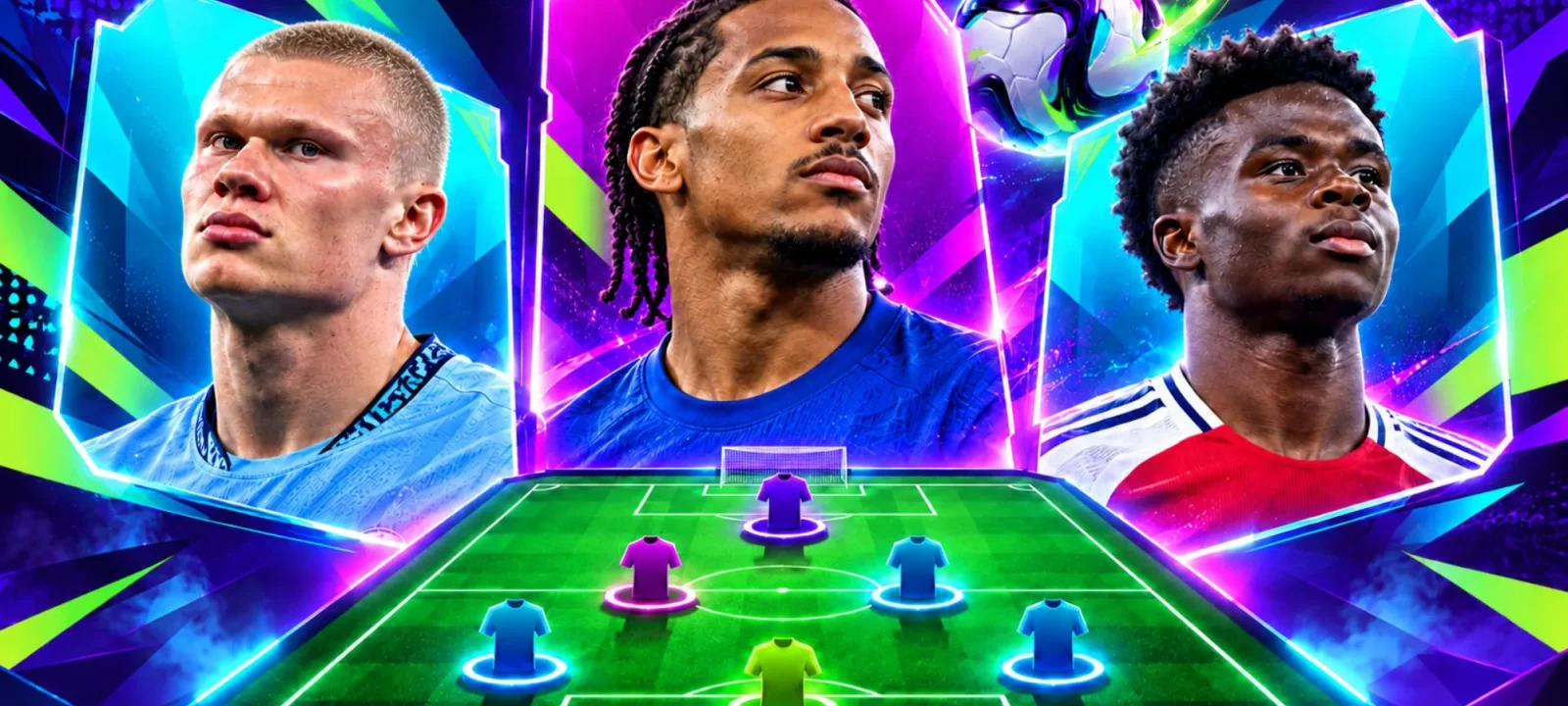 Ilustración de Fantasy con Erling Haaland, un jugador del Chelsea y Bukayo Saka sobre un campo con camisetas
