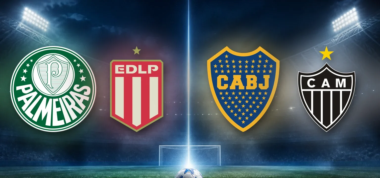 Escudos de Palmeiras, Estudiantes, Boca Juniors y Atlético Mineiro en un estadio de noche