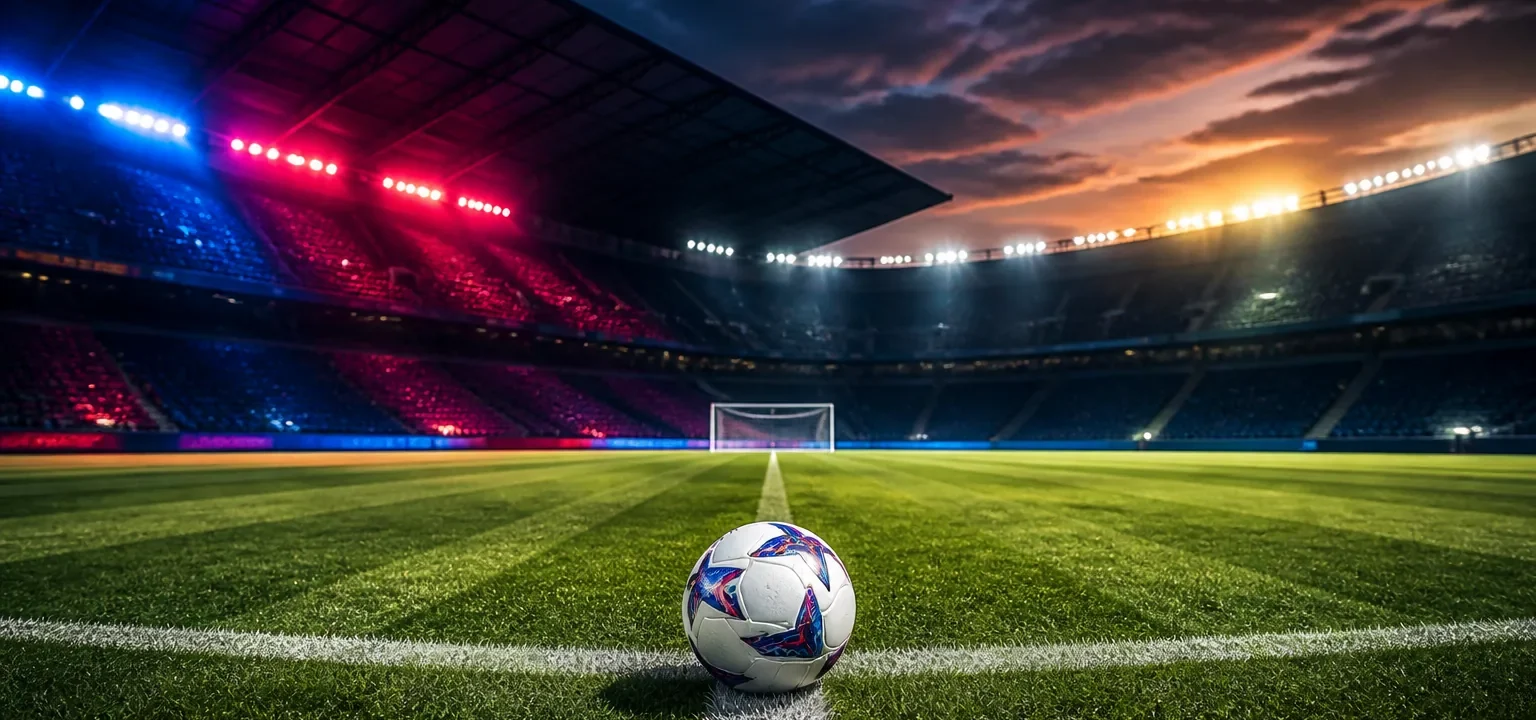 Balón en el centro del campo de un estadio iluminado al anochecer antes de un partido de LaLiga
