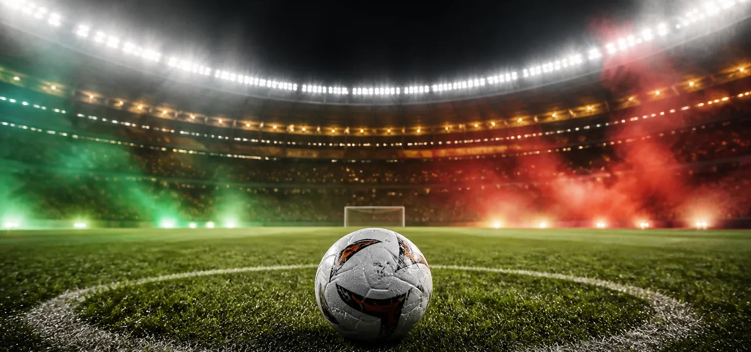 Balón en el círculo central de un estadio sudamericano iluminado en una noche de copa