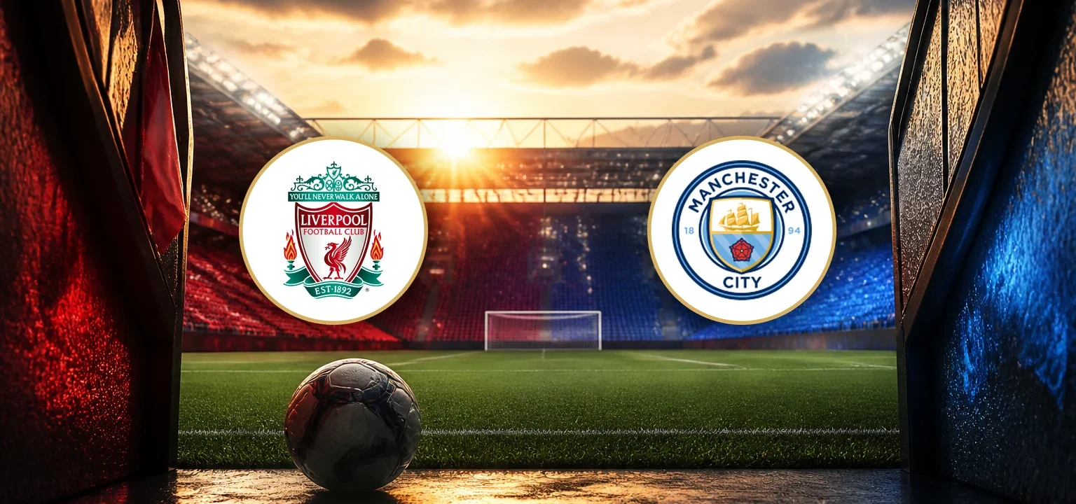 Escudos del Liverpool y del Manchester City sobre un estadio al atardecer