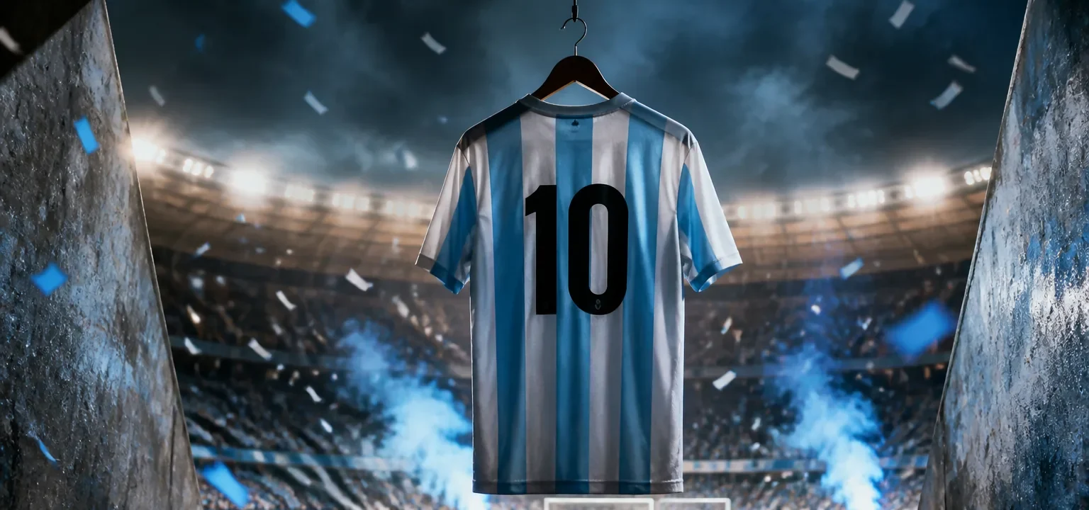 Camiseta albiceleste con el número 10 colgada en el túnel de un estadio iluminado