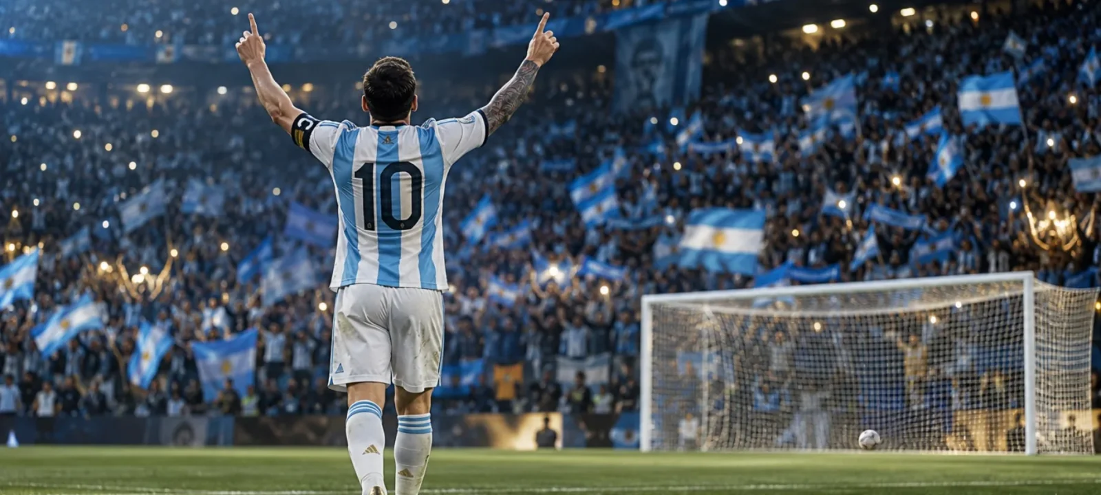 El 10 de Argentina, de espaldas, celebra con los brazos en alto ante la grada llena de banderas