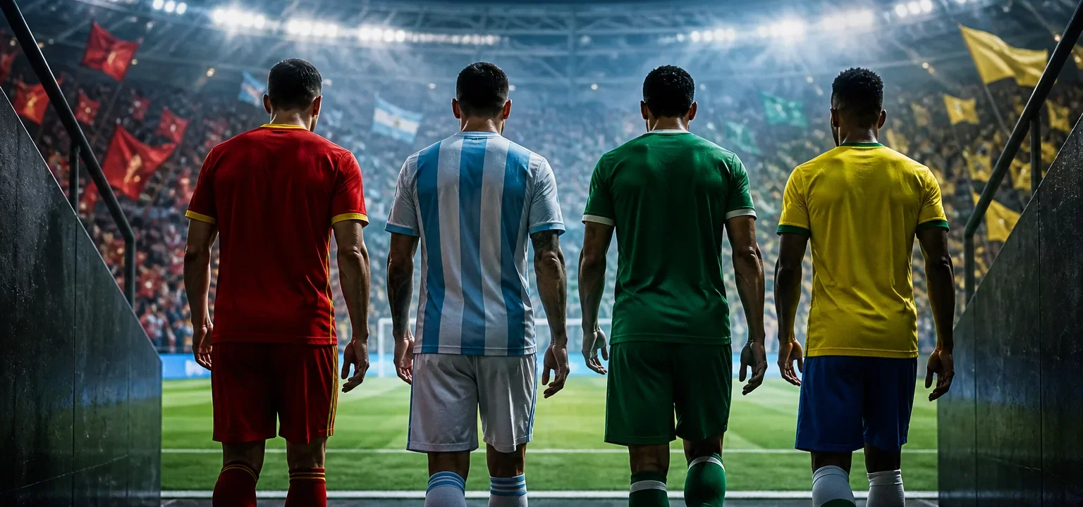 Cuatro futbolistas de espaldas con camisetas de selecciones salen del túnel al césped