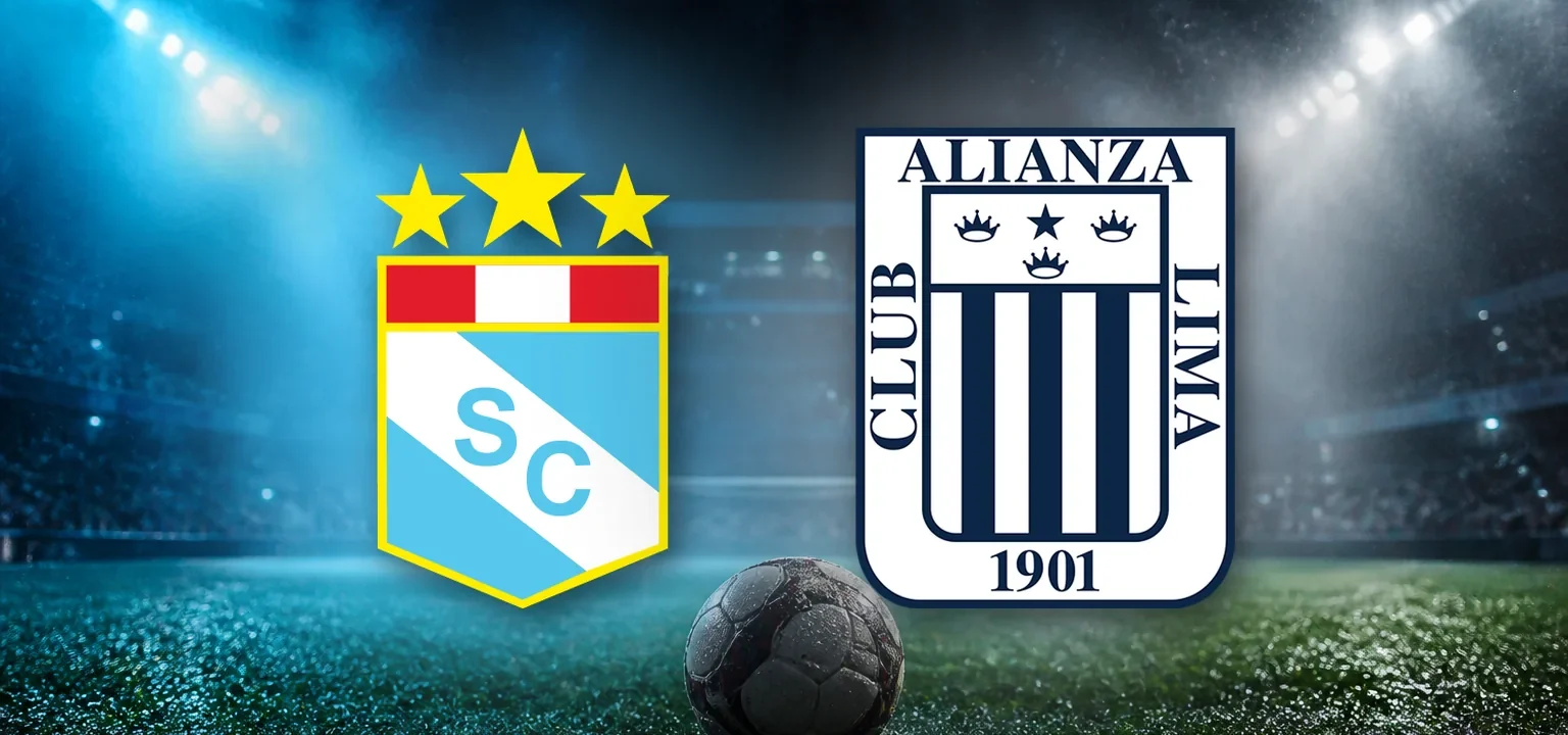 Escudos de Sporting Cristal y Alianza Lima en un estadio de Lima de noche